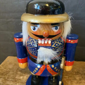 VTG Wooden Royal Palace Guard Nutcracker Soldier with Wood Hat Blue Red Uniform